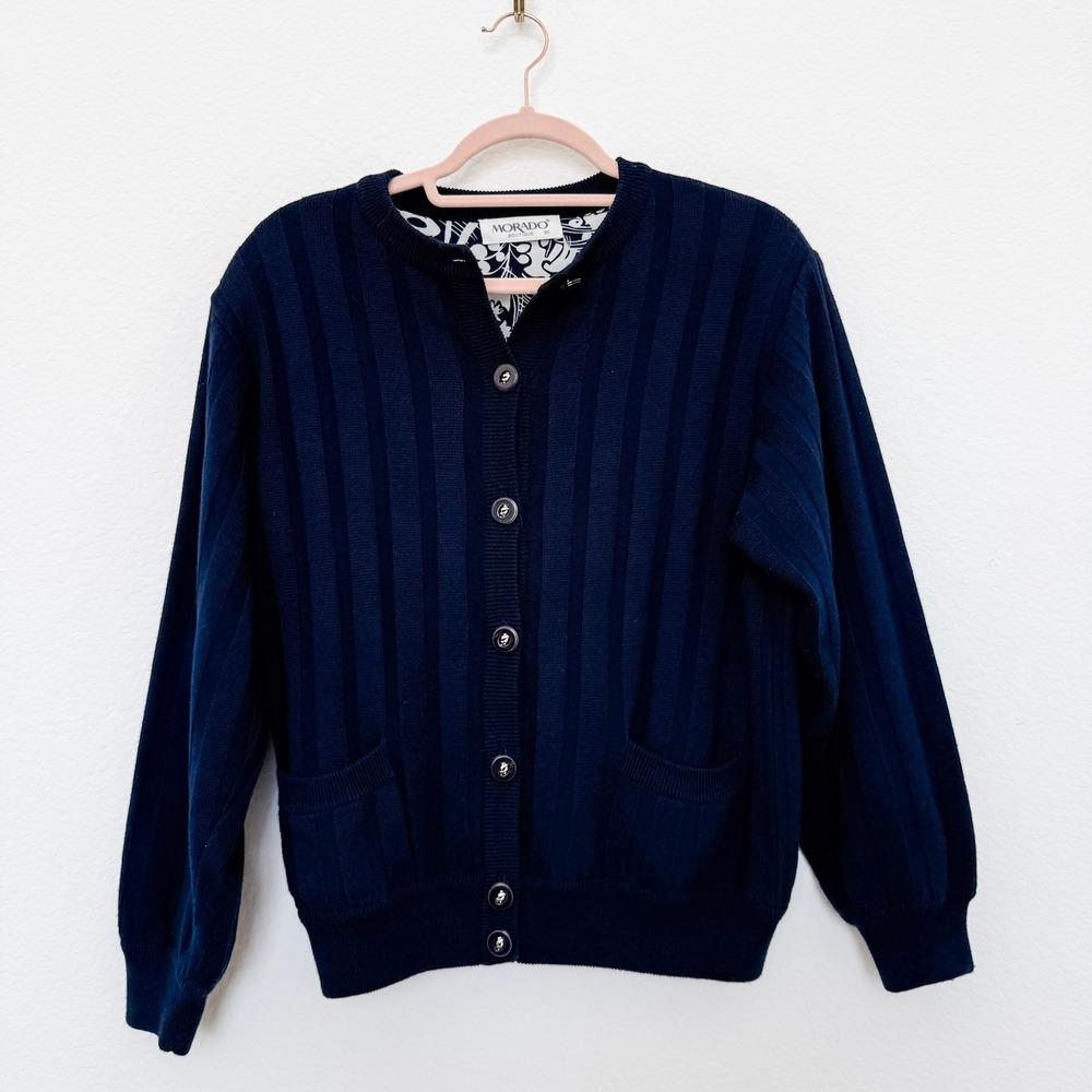 Morado Womens Cardigan Size‎ L Navy Blue Button Front Classic Preppy Parisian